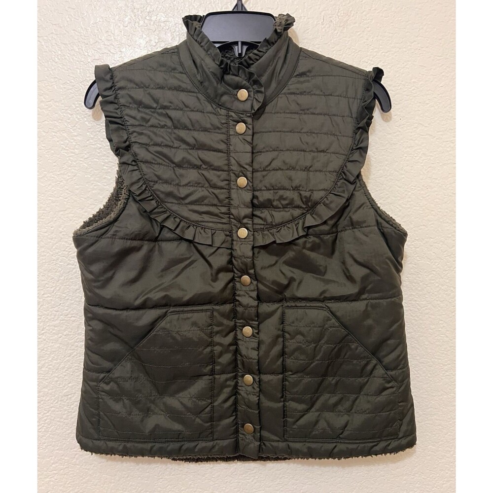 FREE PEOPLE Dark Green Quilted Ruffle Puffer Vest Front Snap Sherpa Boho Small
